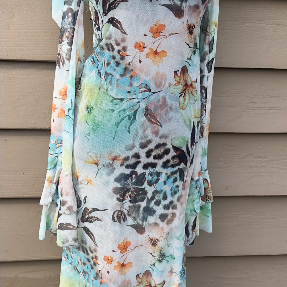 SHEIN Aqua Multi Floral & Leopard Print Long Sleeve Dress